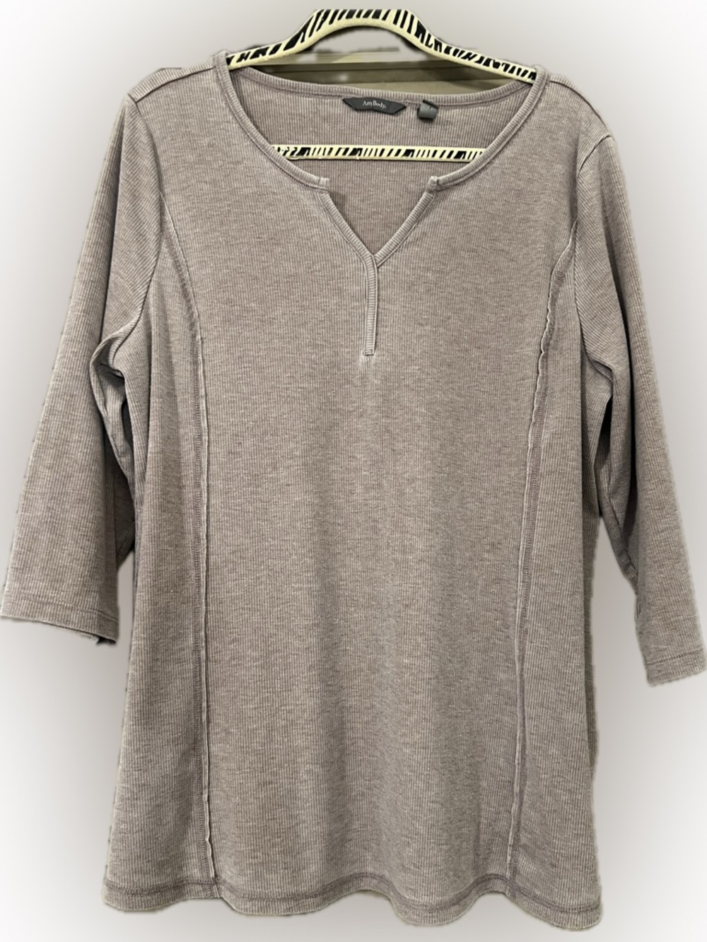AnyBody Taupe Ribbed Three-Quarter Sleeve Tunic